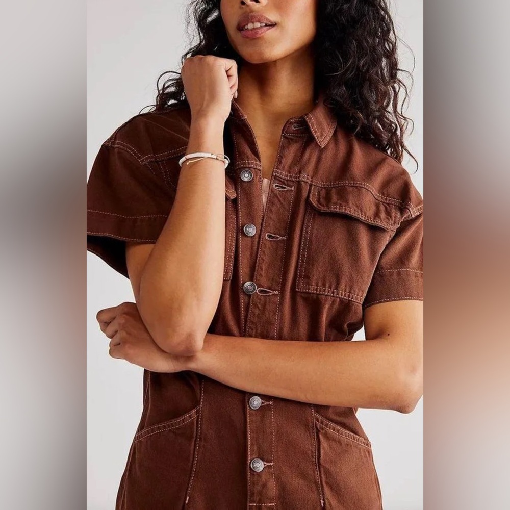 Free People We The Free Marci Coverall Jumpsuit Brown Women’s Size MEDIUM - Picture 3 of 16